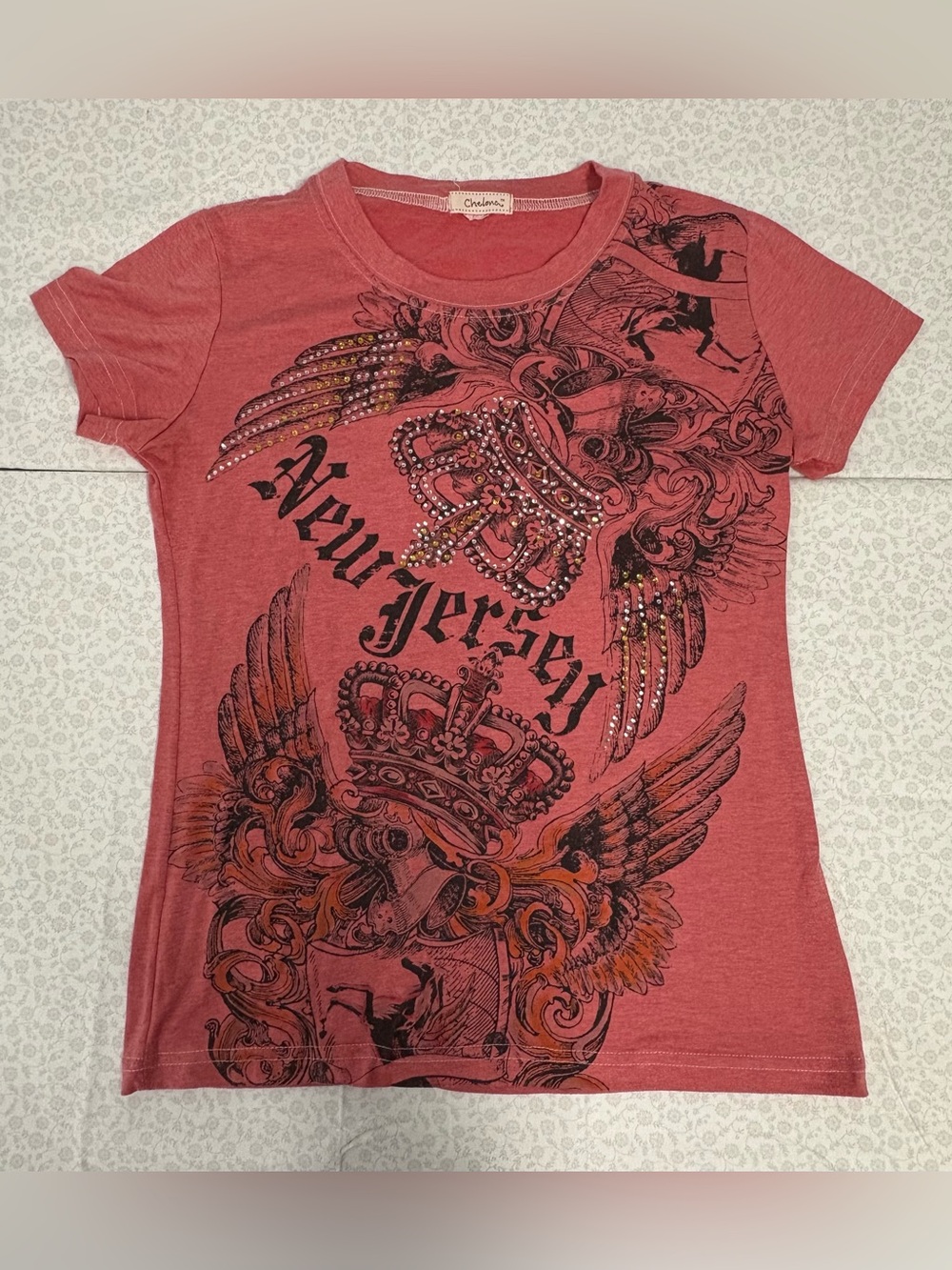 Y2K Chelona Women's S Pink Rhinestone Angel Graphic Cotton Knit Short Sleeve Tee